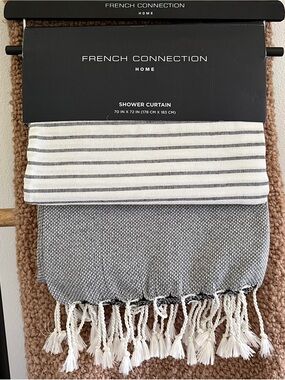 . Homegoods 70"x72" Charcoal/White Woven Striped Tassel Shower Curtain